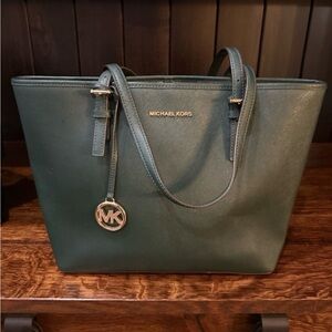 Michael Kors Teal Saffiano Leather Tote with Gold-Tone MK Charm